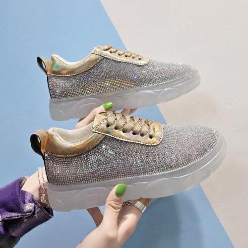 OLOMM Golden Silver Crystal Vulcanized Shoes Ladies Rhinestone Transparent Jelly Flat Sneakers Breathable Casual Shoes LL-227
