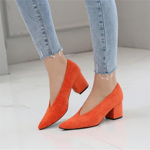2020 Spring Autumn Square Heels Pumps Elegant Shallow V-Mouth Office Lady Pumps Sexy Pointed Toe Slip On Party Work Shoes Women