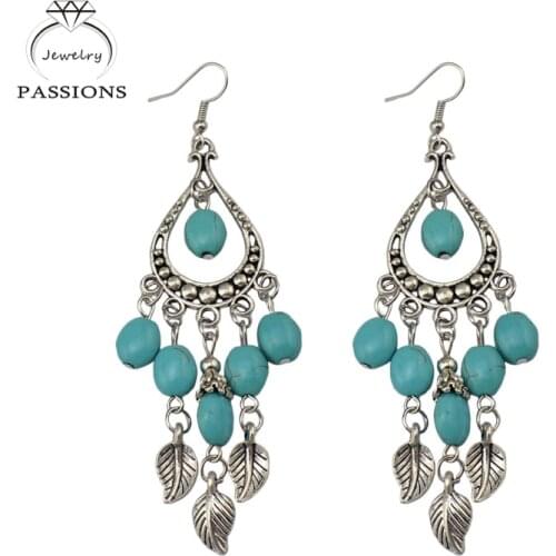 PASSIONS 2017 New Bohemian Ethnic Resin Stone Silver Plated Earrings Africa Vintage Style Leaf Tassel Long Earrings For Womens