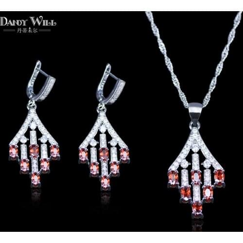 Red Created Garnet White Zircon Princess Wedding Jewelry Set Silver Color Women Earrings Necklace Pendant Best Present