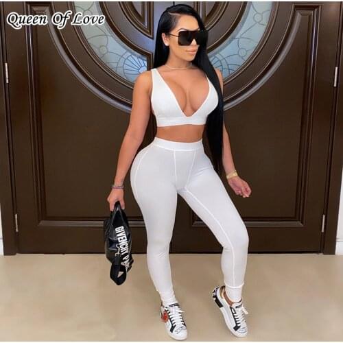 Fitness Sporty Women Tracksuit Sleeveless V-Neck Crop Top Stretchy Leggings Outfits 2 Piece Women Solid Streetwear Matching Set