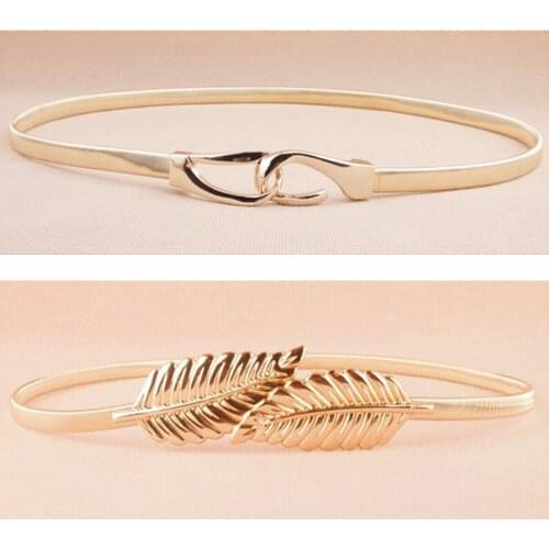 Women Ladies Gold Metal Skinny Stretchy Chain Belt Clasp Leaf Buckle Waistband BLTLL0059