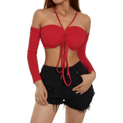 2021 Fashion Women Sexy Off Shoulder Tie-up Crop Top Long Sleeve Hollow Out Solid Skinny T-Shirt Casual Bandage Tee Streetwear