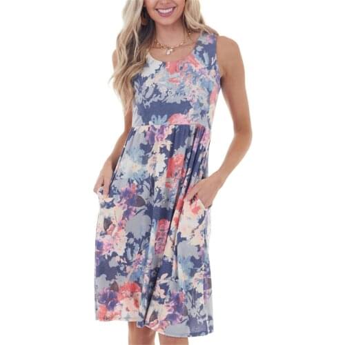 Plus Size Floral Dresses For Women 2021 Fashion Womens Prints Round Neck Sleeveless Pockets Relaxed Casual Dress Vestidos Mujer