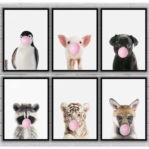 Bubble Chewing Gum Penguin Piglet Puppy Raccoon Tiger Cub Wolf Wombat Zebra Posters Canvas Art Painting Wall Art
