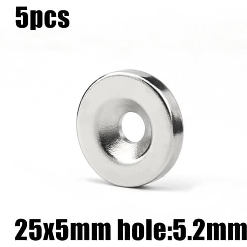 5pcs 25 x 5 mm Hole: 5.2mm super Strong Round Neodymium Countersunk Ring Magnets Rare Earth N50 Free Shipping