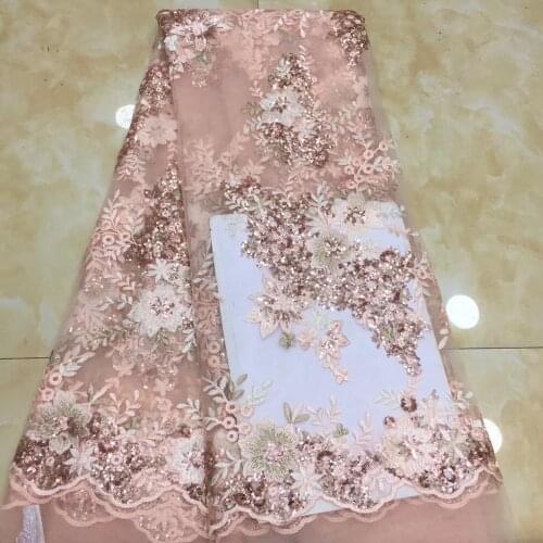 5yards/pc) Latest African French net tulle lace fabric in peach with beautiful embroidery and sequins for party dress FZX022