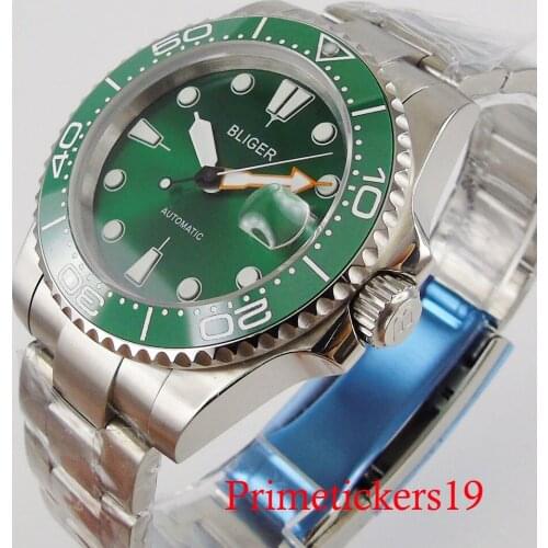 Bliger men automatic wristwatch green dial date indicator sapphire glass stainless steel band MIYOTA/MINGZHU movement