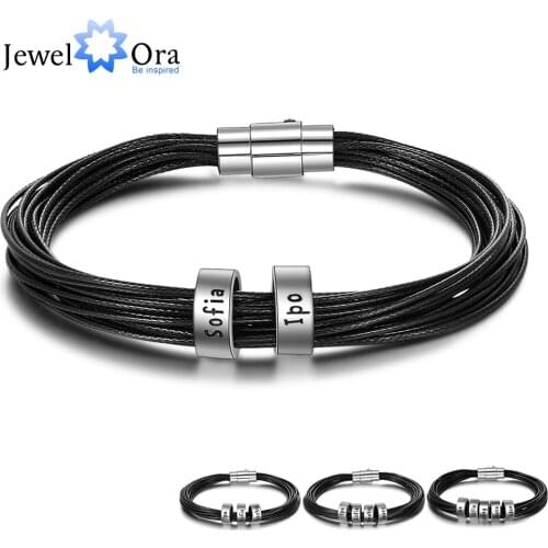 JewelOra Personalized Men Leather Bracelet with Name Beads Customized Charm Bracelets & Bangles Gift for Family Male Jewelry