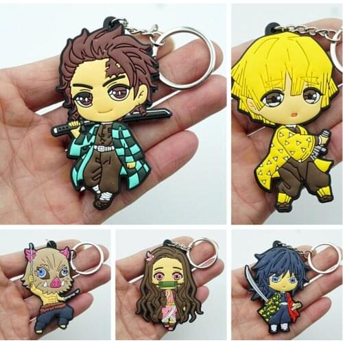 Anime Demon Slayer Kimetsu No Yaiba Figure Keychain PVC Silicone Key Chain Double Side Cartoon Key Ring Kid Trinket Key Holder