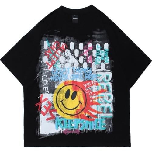 Graffiti Smiley Face Printed Short Sleeve T-shirt Mens High Street Fashion Harajuku Style Summer Oversized Loose Fit Tshirts