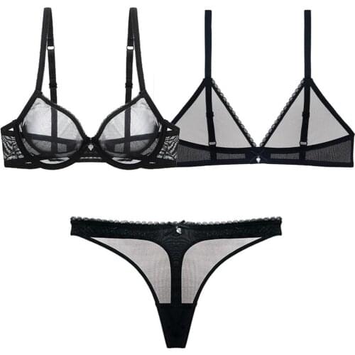 Sexy see-through lace lingerie set womens multi-piece underwear underwire bra + wire free bra + thong 3-piece bra set CYHWR