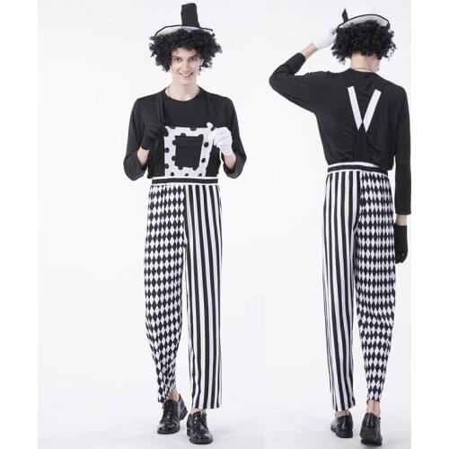 Circus Clown Costume Comedy white black Stripes Adult Men Outfit top+pants+hat+gloves Halloween Carnival Party Fancy Dress set