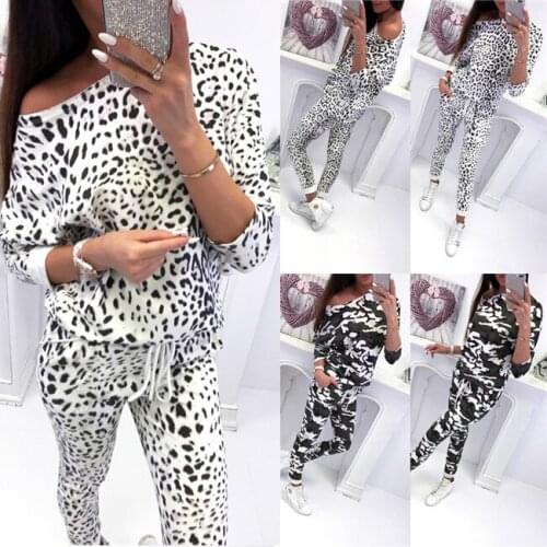 Women Two Piece Set Fashion Tracksuit Autumn Leopard O-Neck Long Sleeve Top One Shoulder T Shirts+Long Pants Casual Clothes S-XL
