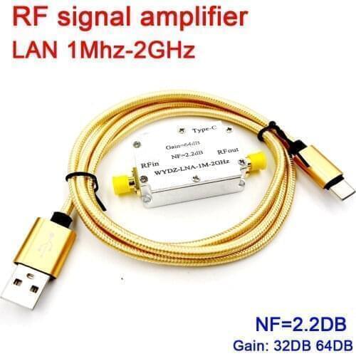 LNA 1Mhz-2000MHZ 32DB 64DB Gain NF 2.2dB RF signal amplifier Low noise AMP F/ HAM SDR Software radio receiver FM radio TYPE-C