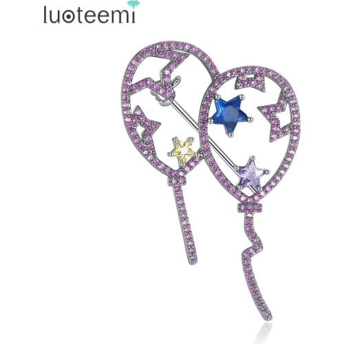 LUOTEEMI New Cute Design Double Balloon with Stars Brooch Pink Blue Yellow Purple Colors Pins Shining CZ Jewelry for Girls Party