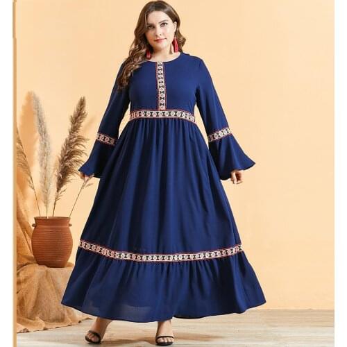 Muslim Abaya Flare Sleeve Long Dress Embroidery Ethnic Plus Size Women Arab Jilbab Turkish Plus Size Long Sleeve Autumn Kaftan