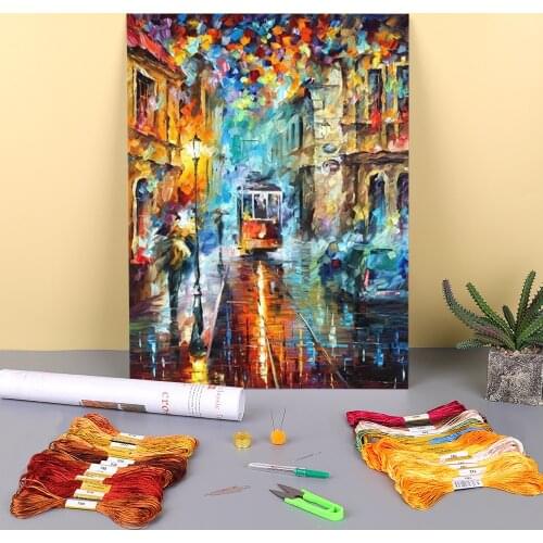 Blue Trolley Printed Water-Soluble Canvas 11CT Cross-Stitch DIY Embroidery Set DMC Threads Craft Sewing Handmade Decor