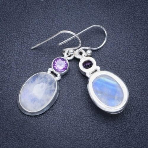 Natural Rainbow Moonstone and Amethyst Handmade Unique 925 Sterling Silver Earrings 1.5" A0873