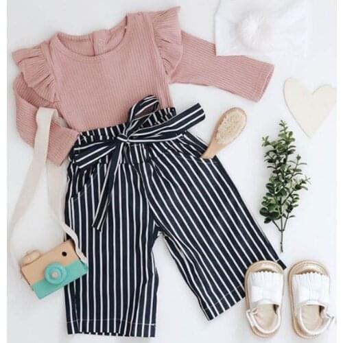 New Autumn Baby Girl Adorable Long Sleeve Romper Tops Stripe Print Trousers Outfits Autumn Clothes