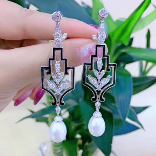 Natural fresh water pearl drop earring 925 sterling silver with cubic zircon stoving varnish geometric shape