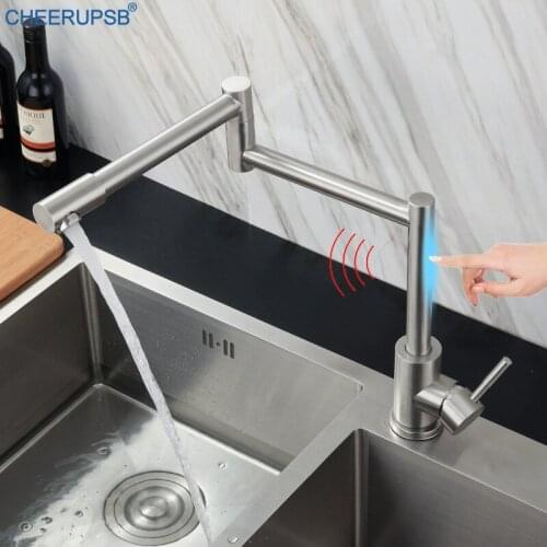 Touch Sense Kitchen Single Cold Faucet One Hole Deck Mount Sensor Tap Smart Stainless Steel Folding Faucets Brush Rotate Taps