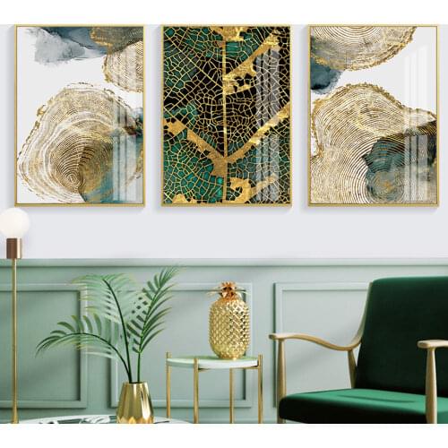 Modern Abstract Gold Green Leaf Trail Annual Ring Poster Canvas Painting Wall Art Prints Home Decor Picture Living Room Bedroom