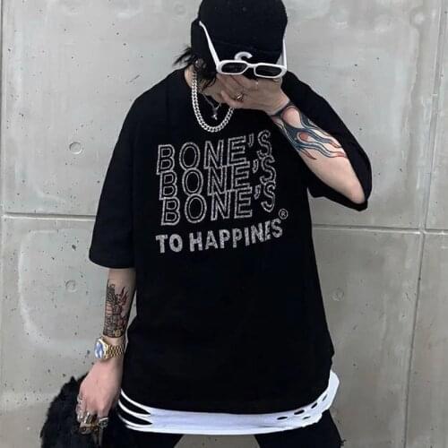 2021 Summer Women Black Rhinestone Bling Slim Shiny Drill Shirts Y2k Short Sleeve BONES Letters Print Sexy Party Club Clothes