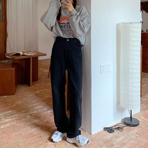 2021 Summer Korean Version Of ins Womens Retro Jeans Loose High-Waisted Wide-Leg All-Match Black Straight-Leg Jeans