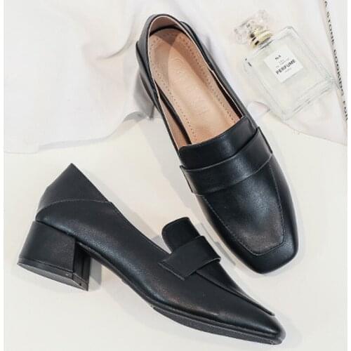 Spring Chunky Heels Leather Pumps Women Thick High Heels Single Shoes 2 Ways Wear Chaussure Femme Mary Jeans Shoes Woman