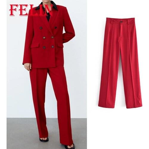 Za 2021 Chic Solid Red Office Lady Zipper Pants Trousers Women Fashion Autumn Elegant Stylish Work Formal Luxury Trousers
