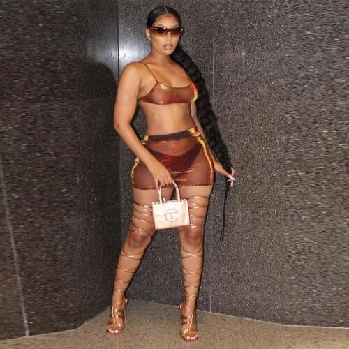 Sheer Mesh Transparent 2 Piece Club Outfits for Women Spaghetti Strap Crop Tops and Slim Fit Short Skirt Midnight Club Party