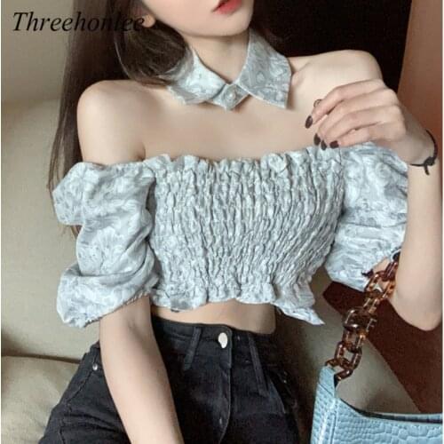 Print Sexy Womens Crop Top Summer 2021 Slash Neck Off Shoulder Halter Club Silm Korean Fashion Female Shirts Tops