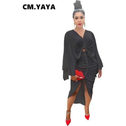 CM.YAYA Women Midi Dress Solid Full Flying Sleeve V-neck Stacked Stretchy Splited Dresses Fashion Party Vestidos Fall Outfits