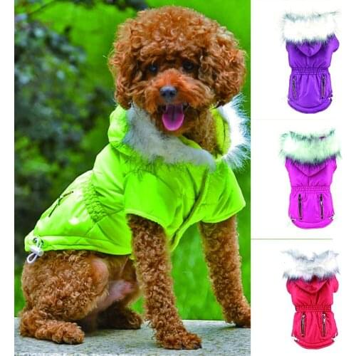 Winter Warm Dogs Jacket Bright Color Waist Slimming Design Soft Hoodie With Fur Collar Windproof Drawstring Pets Solid Jacket