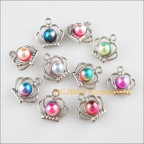 24 New Crown Charms Colored Acrylic Dull Silver Plated Pendants 19mm
