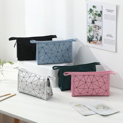 2021 Portable Women Cosmetic Bag Rhombic High-capacity PU Leather Makeup Bags Geometric Toiletry Beauty Case Waterproof Pouch