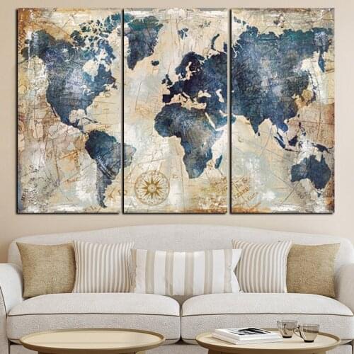 3 Panels Watercolor World Map Modular Paintings on Canvas Wall Art Posters and Prints Hanging Pictires for Living Room Decor