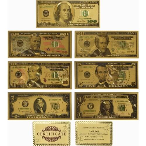 7 PCS/Set Gold Decoration 24K Gold Plated Dollars USD Collection Banknotes
