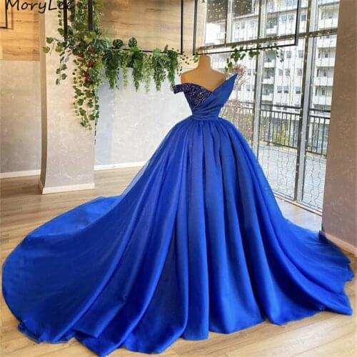Prom Dresses Royal Blue V-Neck One Shoulder A-Line Satin Crystal Beaded Prom Dresses Lace Up Back vestidos de fiesta de noche