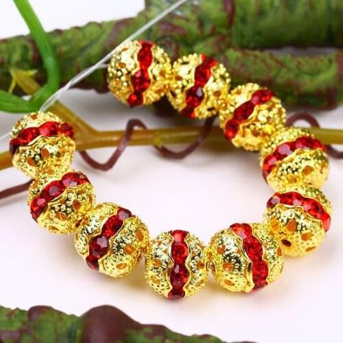 Free shipping Gold metal beads 8mm Red crystal rhinestone Gold spacer beads fitting ,(100pcs) wholesale