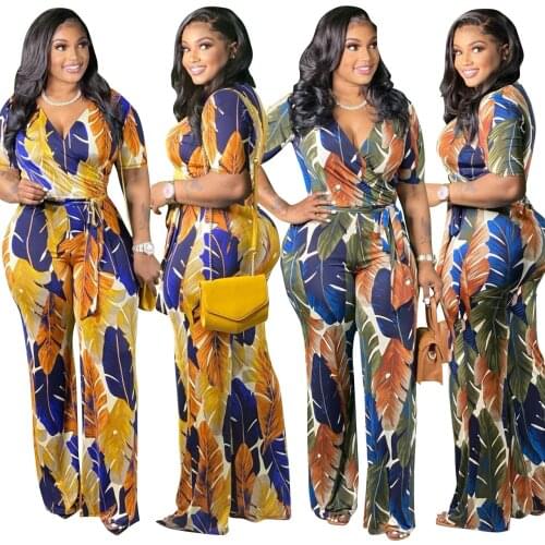 Large Size Womens New Flower Printing V-neck Sexy Jumpsuit Rompers Wide Leg One Piece Playsuit Beach Holiday Outfits 4XL 2021