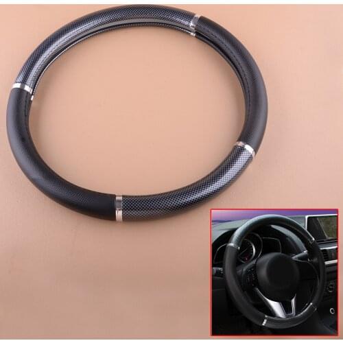 Black Car Steering Wheel Grip Cover Carbon Fiber Texture For Most Vehicles Diameter 38cm Decoration