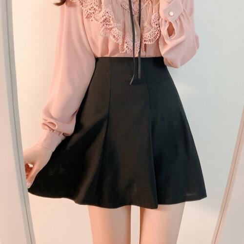 Black Flared Skirts Womens 2020 Fashion Solid Color Pleated Mini Skirt Office Lady Elastic High Waist Short Skirts Mujer Faldas