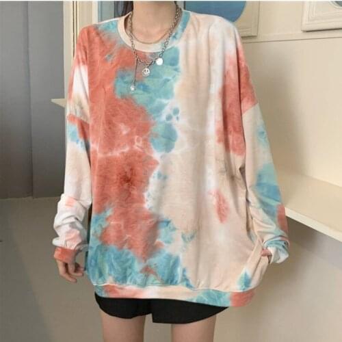 Tie Dye Print Woman T Shirt Harajuku Oversize Printing Female Tee Tops O-neck Long Sleeve T-shirt Spring Autumn Female Clothes