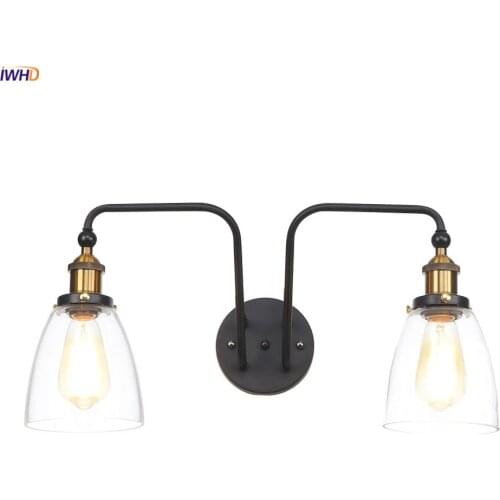 IWHD Loft Decor Industrial Wall Light Fixtures 2 Heads Glass Lampshade Edison Bulb Antique Retro Vintage Wall Lamp Sconce LED