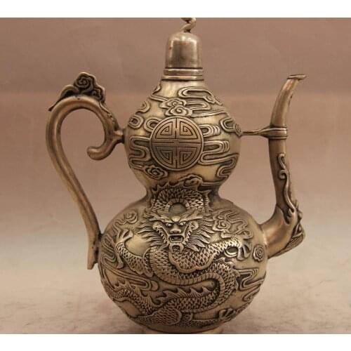 China White Copper Silver Dragon Gourd Teapot Flagon wine pot