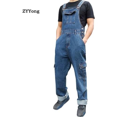 Overalls Men Denim Jumpsuit Bib Loose Large Size Straight Jeans Hip Hop Cargo Pants Streetwear Leisure Blue Rompers Trousers