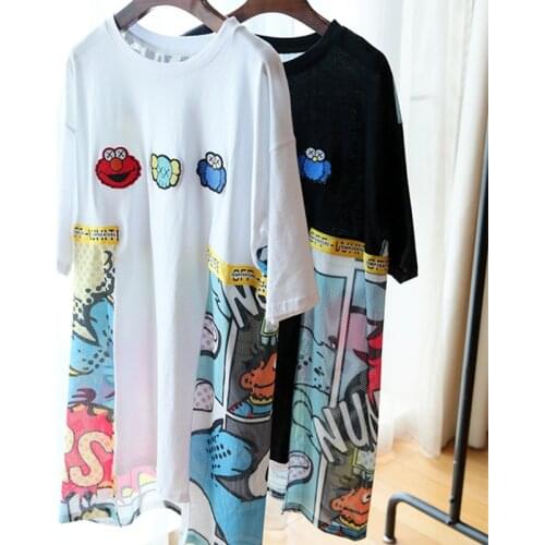 Summer New Women Long Tees Cartoon Prints Spliced Hollow Out White Casual Tee Shirts Street Style Maxi Oversized Tops Nice NZ41