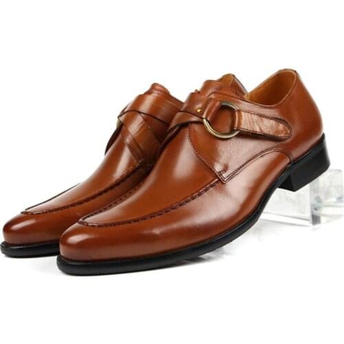 Large Size EUR45 Fashion Black / Brown Wedding Shoes Mens Business Shoes Genuine Leather Dress Shoes With Buckle